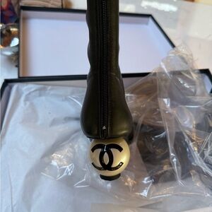CHANEL Black Leather Boots with White Logo Heel